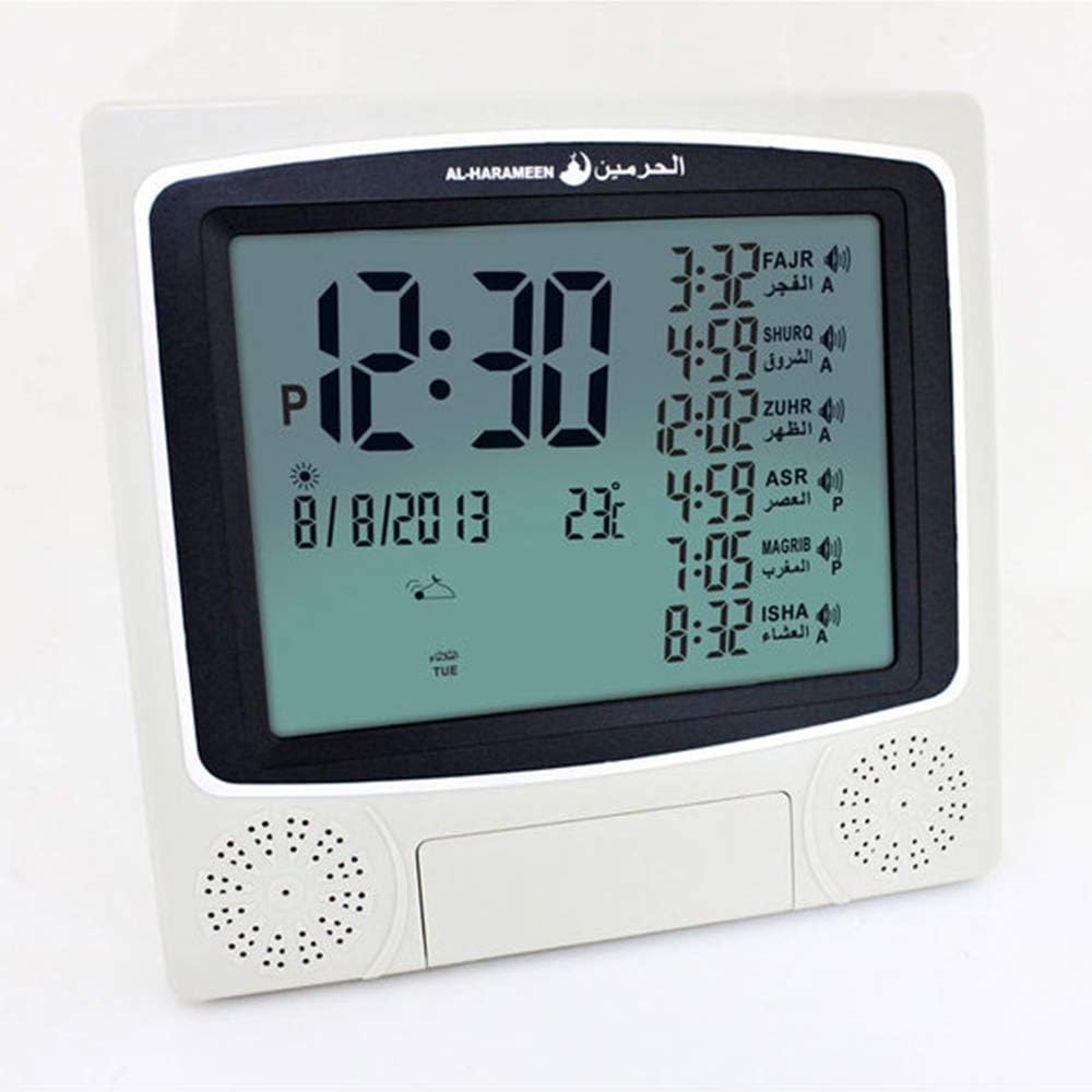 HXHH Muslim Prayer Digital Alarm Clock, Table Clock with Prayer Music World Time Temperature Backlight Function