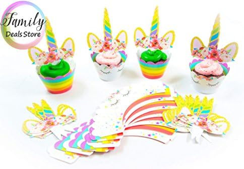 Unicorn Cupcake Toppers and Double Sided Wrappers 24 Pack Set Party Decorations