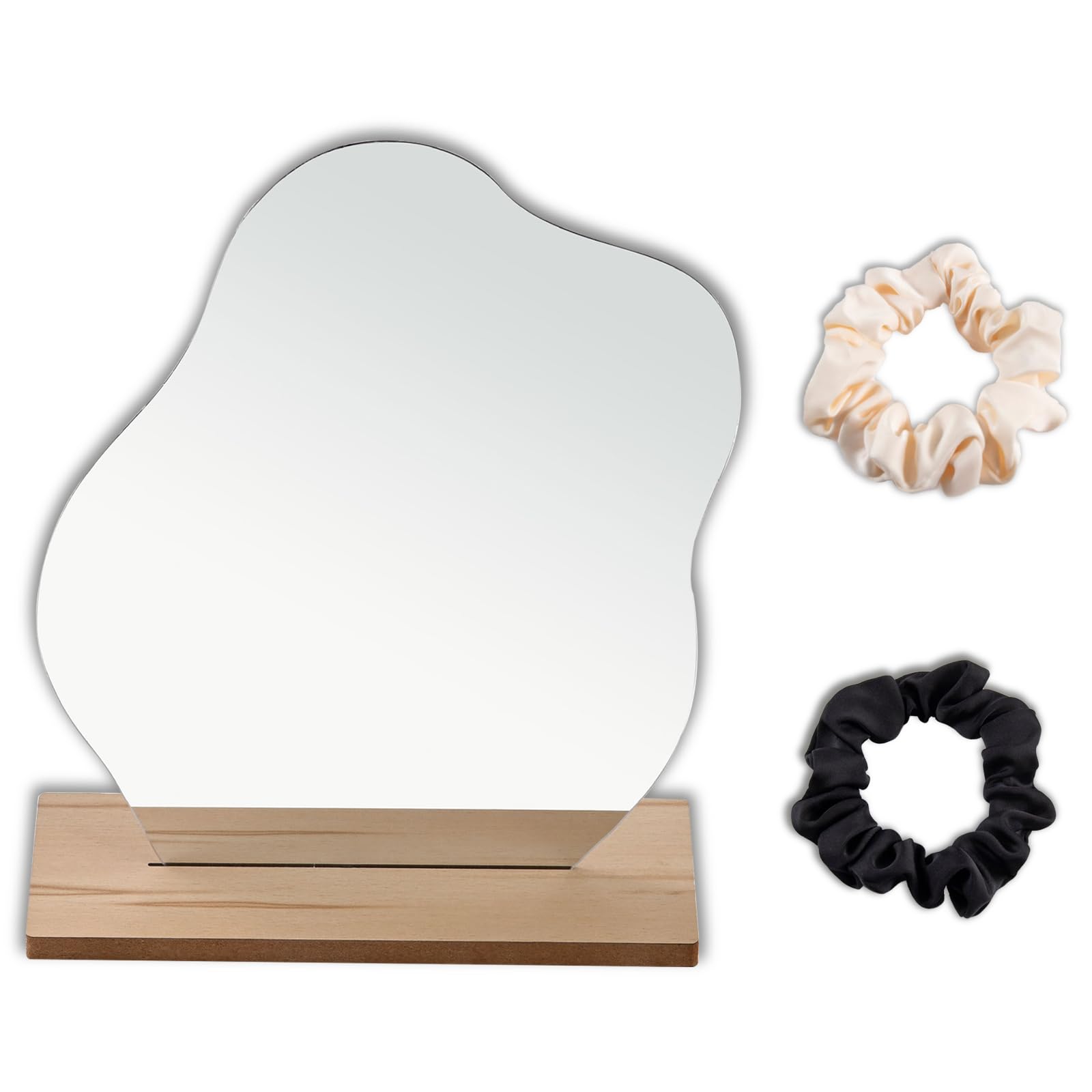 BSITSSS 1PCS Acrylic Makeup Mirror, Frameless Table Mirror Irregular Mirror with Wooden Base, Desk Mirror Decorative Vanity Acrylic Mirror for Café, Living Room, Bedroom Mirror