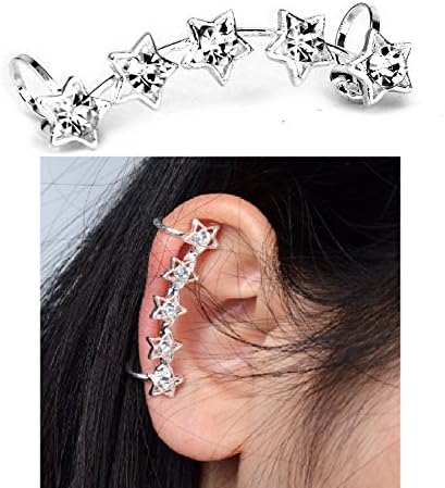 Women's Silver Tone Crystal Five Stars Ear Cuff Wrap Clip Earrings 1.5"