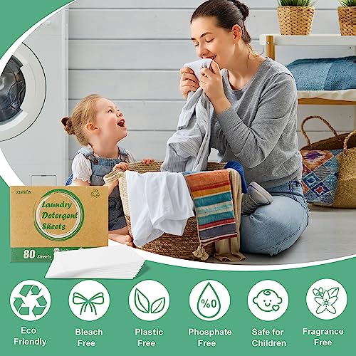 ZIMWIN LAUNDRY DETERGENT SHEETS, 80 LOADS FRAGRANCE FREE LAUNDRY SOAP SHEETS – ECO-FRIENDLY HYPOALLERGENIC LIQUIDLESS WASHING SUPPLIES FOR DORM TRAVEL CAMPING