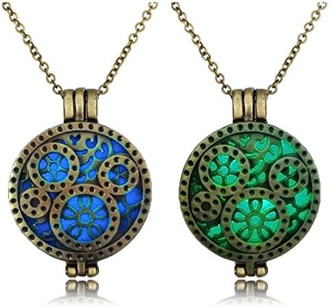 LightOnIt Steampunk Fairy Magical Fairy Glow in the Dark Necklace-Aqua Large Gear locket Blue Green 2 set