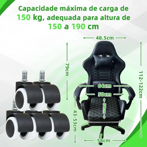 Cadeira Gamer Ergonômica com Conjunto de 5 Rodízios com Travão (Fixação Segura, Mobilidade Controle, Estabilidade) e Apoio Cervical Ajustável (Preto e Verde)