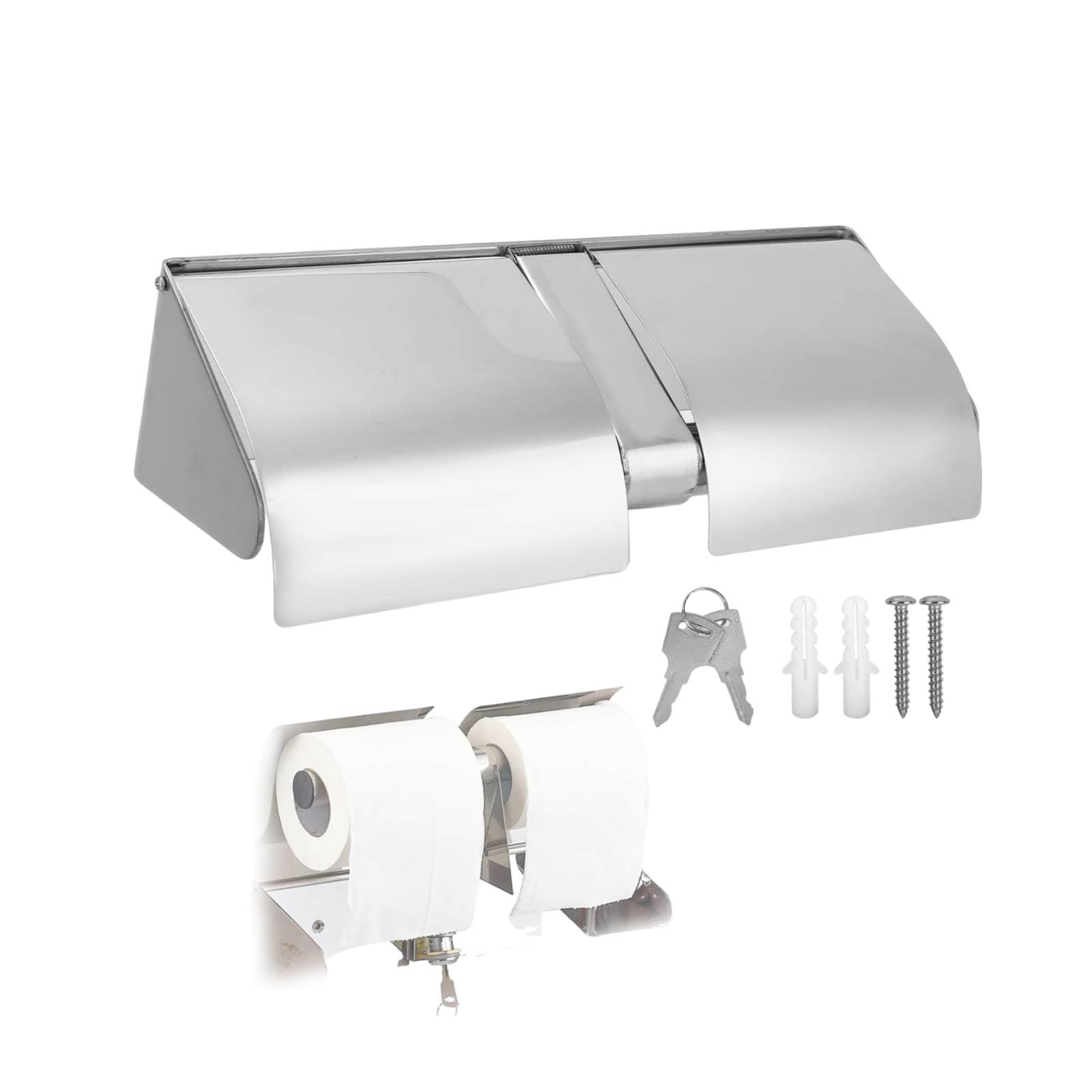 Double Roll Toilet Paper Holder Double Toilet Smartphone Paper Holder with Lock and Keys Stainless Steel Commercial Tissue Roll Dispenser Wall Mounted Tissue Storage Rack for Bathroom