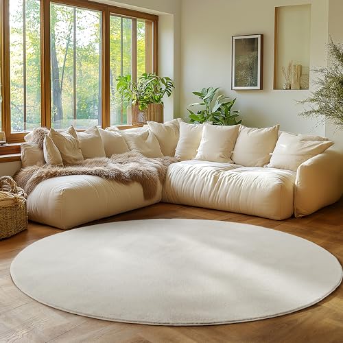 SIMPEX Runder Teppich Creme 200 cm Waschbarer Kurzflor Teppich, rund, rutschfest & weich, modernes einfarbiges Design für Wohnzimmer, Schlafzimmer, Kü