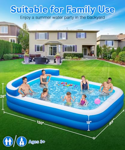 Large Inflatable Swimming Pool - 120" x 85" x 26" Blow Up Pool for Adults and Kids with Seat & Air Pump, for Backyard Lawn Indoor Outdoor Use