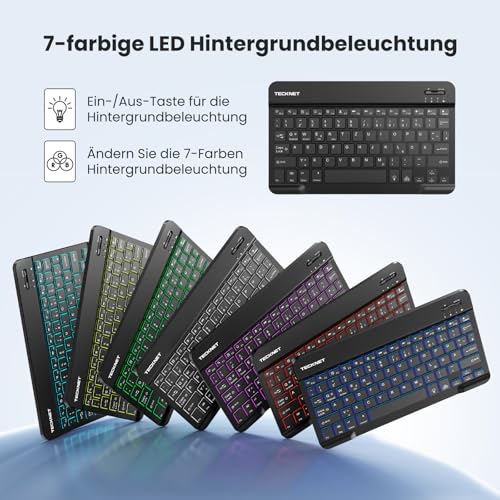 TECKNET German Bluetooth Keyboard for Tablet/iPad Mini/Pro/Air/10.2/10.9/iPhone/Android/Windows, iPad Keyboard with Lighting, Rechargeable, Portable, Wireless, Ultra Thin, Black