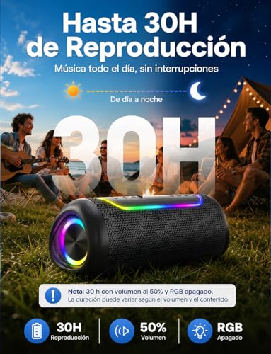 UOHHBOE Altavoz Bluetooth Portátil 30W, Sonido 360° con Graves Potentes, Bluetooth 5.4, 30H Batería, IPX5 Impermeable, Luces RGB, TWS Estéreo, USB-C, AUX, USB y TF, para Fiesta y Playa
