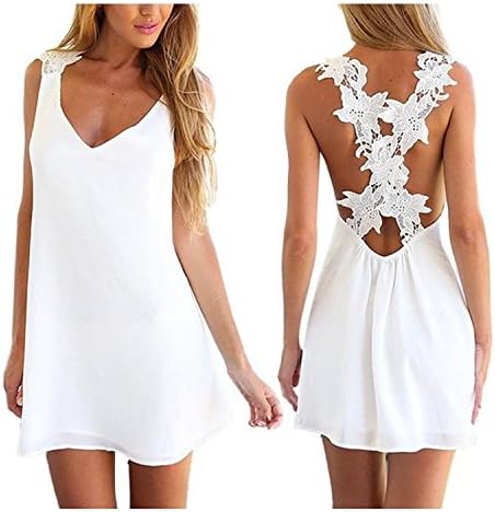 Voinnia Women Sexy Backless Lace Crochet Chiffon Summer Beach Mini Dress