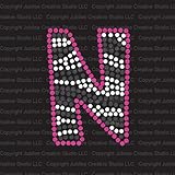 Zebra Letter N Iron On Rhinestone Crystals and Pink Rhinestud T-Shirt Transfer by Jubilee Rhinestones