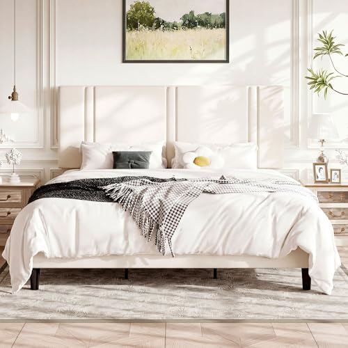 Allewie King Size Platform Bed Frame with Adjustable Headboard, Plush Velvet Up…