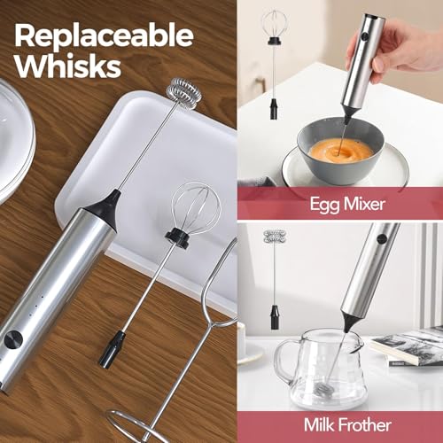 Electric Milk Frother Handheld, Rechargeable 3-Speed Mini Frother Wand with 2 Whisks Stand Portable Stainless Steel Stirrer for Coffee Latte, Cappuccino Hot Chocolate Protein Shakes Matcha