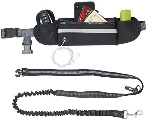 Cayman Pets Hands Free Dog Leash with Adjustable Waist Belt and Waist Pouch for Running, Walking, Training, Hiking, Retractable Leash for Medium Large Dogs up to 120 lbs Reflective Stitching (Black)