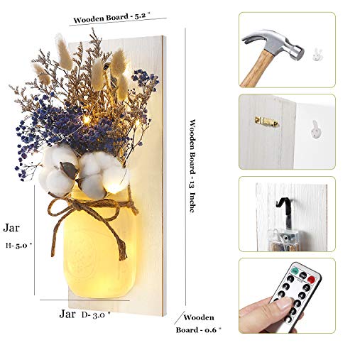 Mason Jar Sconces Wall Decor - Rustic Wall Sconces - Decorative Jars with Cotton Stems & Baby Breath Flower with Remote Timer LED Fairy Lights for Kitchen Home Décor Living Room Wall Lights Set of 2