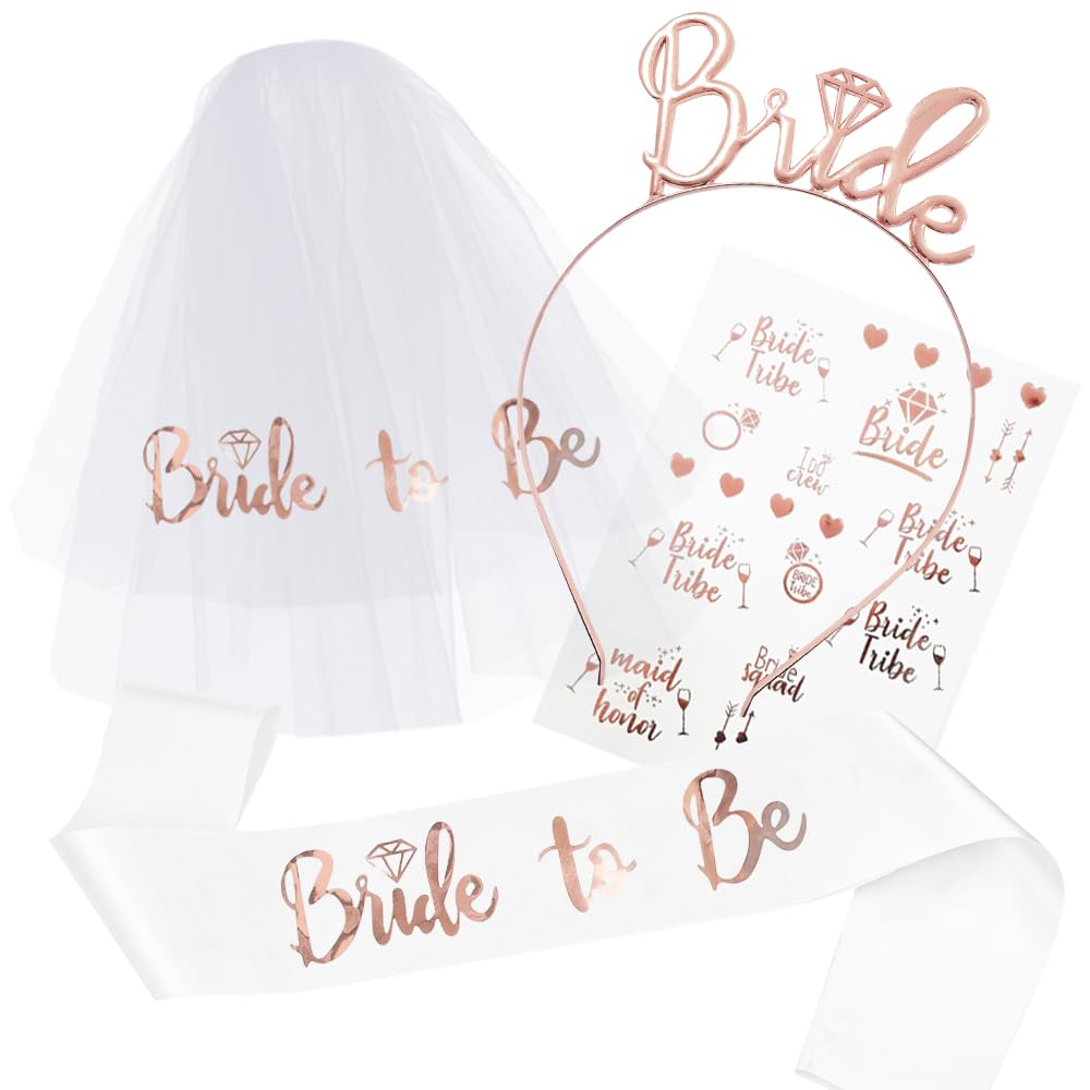 TOPWAYS Hen Party Accessories Bride to Be Sash Set, Hen Do Accessories Includ Bride Sash Tiara Tattoo Veil for Bride to Be, Bachelorette Bridal Shower Wedding Party Decorations (Rose Gold+White sash)