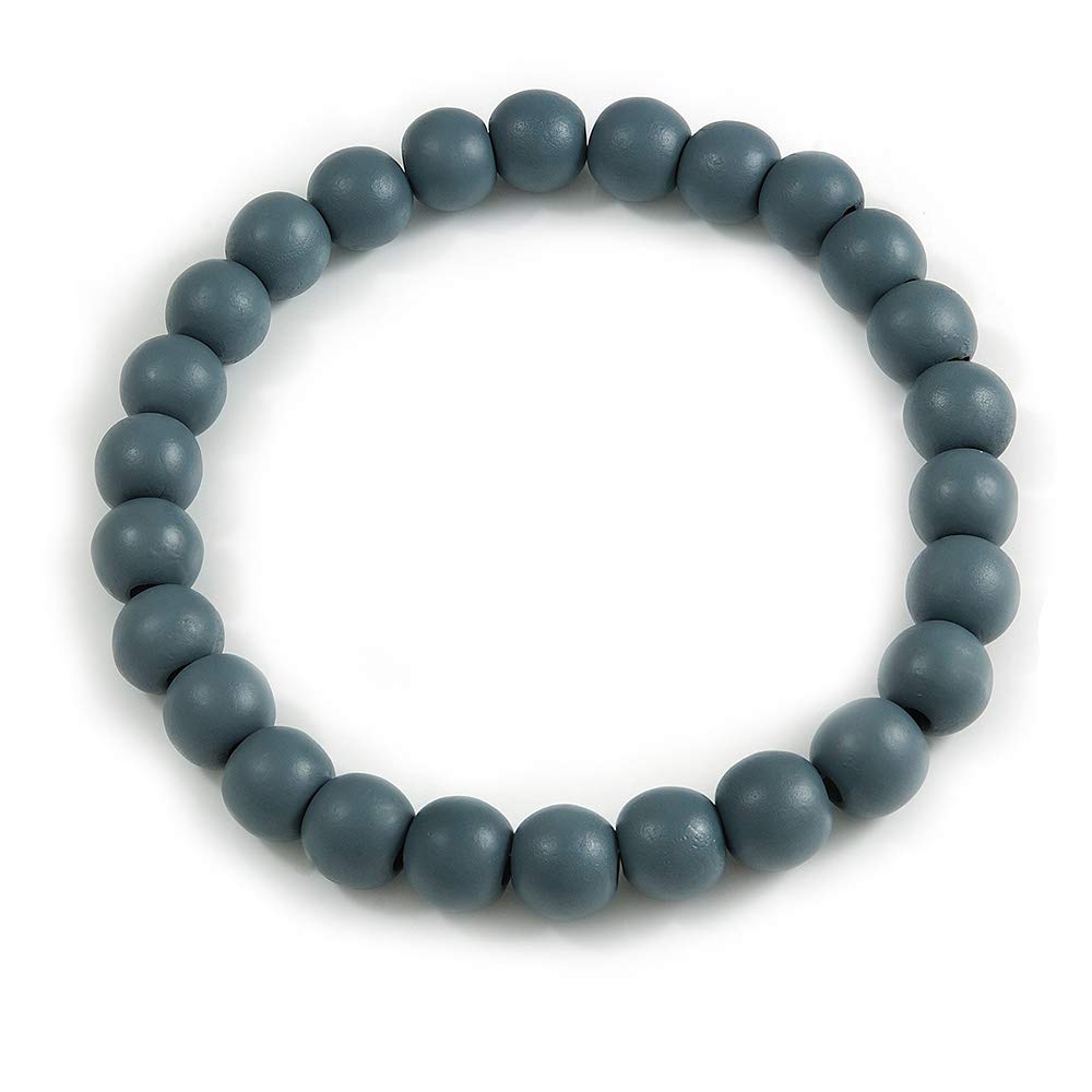Avalaya Chunky Grey Round Bead Wood Flex Necklace - 44cm Long