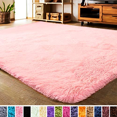 LOCHAS Luxury Velvet Shag Area Rug Modern Indoor Fluffy Rugs, Extra Soft and Comfy Carpet, Cute Color Furry Bedroom Carpets for Kids, Nursery, Girls, Baby, Living Room (3x5 Feet, Pink)