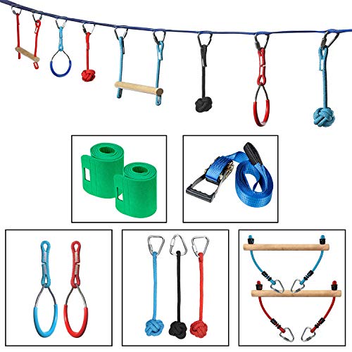 Ivation Portable 50 Foot Slackline Monkey Bar Kit - Kids Swinging Obstacle Course Set - Bars, Fists, Gymnastics Rings - 250lb Capacity - Storage Bag & Tree Protectors Included