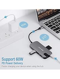 BEAOK   Adaptador USB C 8 en 1 Hyperdrive Ultra Slim de aluminio con Gigabit Ethernet, tipo C y 3 puertos USB 3.0, salida HDMI, lector de tarjetas SD TF para MacBook Pro y otros dispositivos USB C (gris)