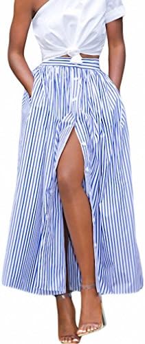 NEW Summer Fashion Women Casual Long African Skirt Front Slit Vertical Striped Single Breasted Long Ankle Length Skirt Saia