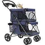 WINGOFFLY Double-Deck 4 Wheels Pet Dogs Cats Stroller with Cup Holder(Navy Blue)