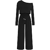 Lazysmile Jumpsuits For Women Dressy Long Sleeve Off Shoulder One Piece Wide Legs Rompers Casual Fall Outfits with Pockets