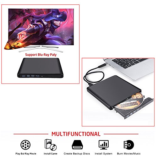 Guamar External Blue-Ray Drive,USB 3.0 Aluminum Blu-Ray Drive CD/DVD Burner/Writer with 3D Blu-ray Disc Playback,Super-Fast Blu-Ray Writing Reading Speed,for Notebook Netbook Desktop,Black - Thumbnail 6