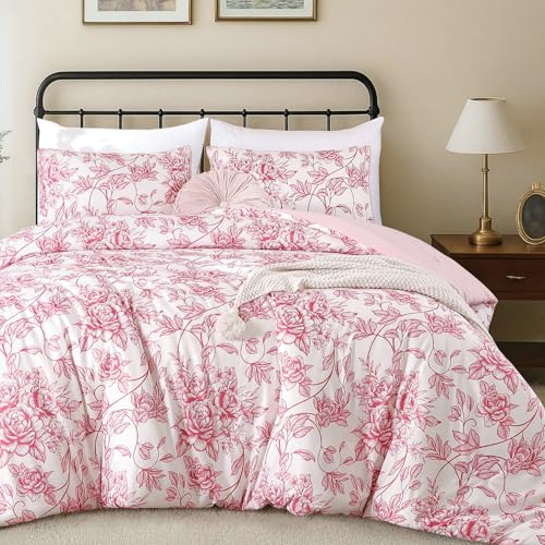 JANZAA Queen Size Comforter Set - Pink Peony Floral Shabby Chic Bedding