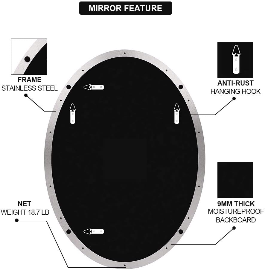ANDY STAR Oval Mirrors for Bathroom, 24x36'' Brushed Silver Oval Wall Mirror in Stainless Steel Metal Frame 1'' Deep Set Design, Hangs Horizontal or Vertical: Kitchen & Dining