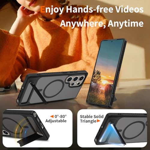 AIQIUQIU Magnetic Case for Samsung Galaxy S23 Ultra 5G [Compatible with Mag Safe][Built-in Invisible Kickstand] Mil-Grade Drop Protection, Adjustable Kickstand Translucent Matte Cover, Black