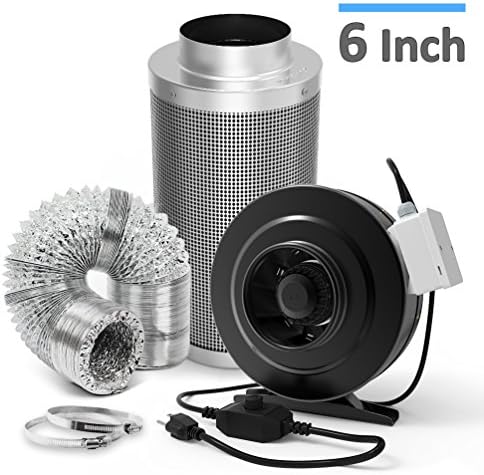 Ventilation Combo - 6 Inch Carbon Filter & 6 Inch 440 CFM Inline Duct Fan w/ Leather Sheath and Speed Controller & 25ft Air Ducting w/ 2 Clamps - HVAC Combo for Grow Tent