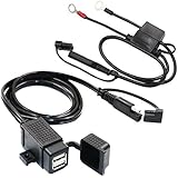 MOTOPOWER MP0609EA 3.1Amp Waterproof Motorcycle Dual USB Charger Kit SAE to USB Adapter Cable Phone Tablet GPS Charger with SAE Ring Terminal Cable Harness