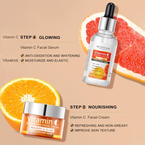 Vitamin C Skin Care Set For Women , 5-In-1 Moisturizing Hyaluronic Acid Skin Care Routine with Facial Cleanser, Serum, Face Cream, Eye Cream, Toner