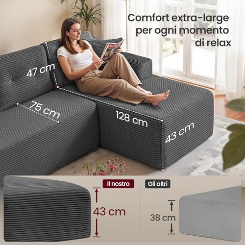 Divano Angolare, Divano Modulabile 244 cm, Consegnato Compresso in Collo, Senza Montaggio, con Ampia Chaise Longue a Destra, per Soggiorno, Camera degli Ospiti, Grigio Ardesia LCS184GN01