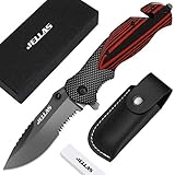 Jellas 4 in 1 Pocket Folding Knife with Leather Sheath and Sharpener, Tactical Knife with 7Cr17(440A) Serrated Blade, Idea Gift for Men, Camping, Hunting, Survival, Outdoor and EDC