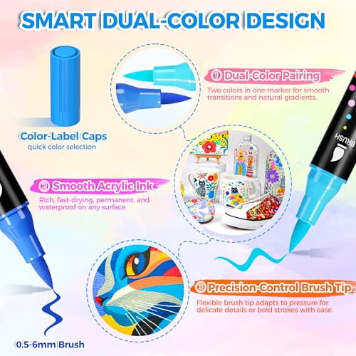 120 Colors Acrylic Paint Markers, Permanent Dual-Tip Acrylic Markers Set, Soft Brush Tip Paint Pens for Rock Painting, Canvas, Glass, Wood, Ceramic, DIY Craft Art Supplies, Set of 60 (120 COLORS)