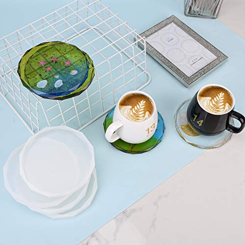 ZeMooon 4 Pack Coaster Molds for Resin Casting, Diamond Edge Round Mold, Epoxy Resin Silicone Large Tray Mold