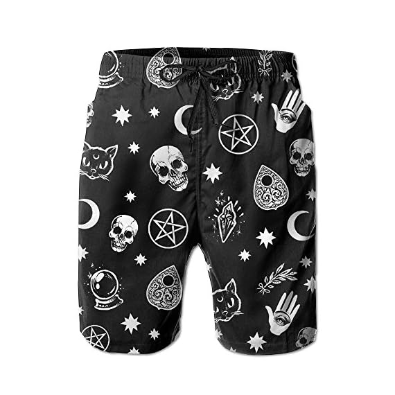 Mens-Shorts-Summer-Athletic-Swim-Trunk-Quick-Dry-Fashion-Skull-Cat-Moon-Gothic-Pattern-Black-Printed-Beach-Shorts-With-Pockets