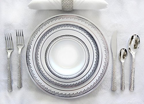 Royalty Settings Prestige Collection Silver Plastic Plates and Cutlery Set Party Package for 120 Persons, Includes 120 Dinner Plates,120 Salad Plates, 240 Forks, 120 Knives, 120 Spoons and 60 Teaspoon