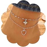 Allereyae Layered Heart Anklet Bracelet Chain Hollow Heart Love Anklet Bracelet Silver Love Heart Anklet Bracelet Summer Beach Foot Chain Jewelry for Women