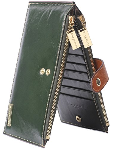 Borgasets Women's Leather Wallet RFID Blocking Credit Card Holder Zipper Purse Dark Green