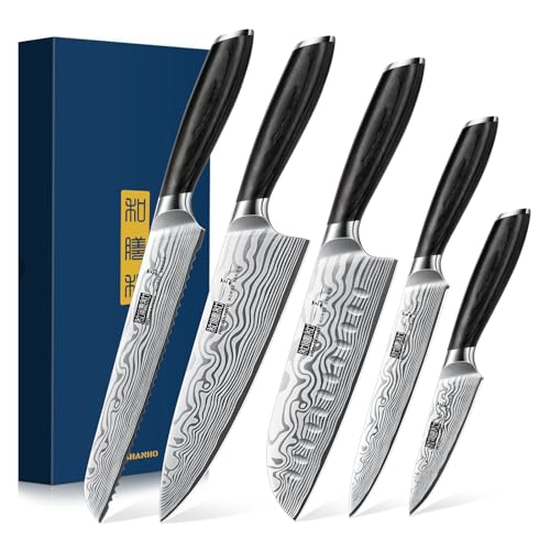 HOSHANHO 5 Piece Kitchen Knife Set, Professional Chef Knife Set Powder Steel, Ultra Sharp Japanese Kitchen Knife with Ergonomic Handle by Pakkawood