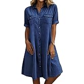 yoeasy Women's Summer Short Sleeve Denim Shirt Dress Casual Button Down Loose Fit Midi Long Jean Dress