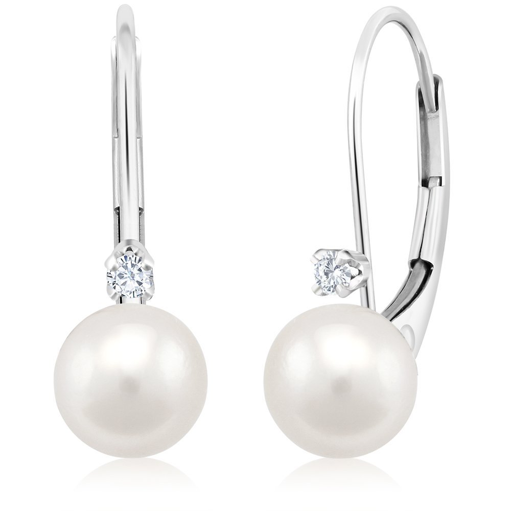 Handpicked AAA+ 6-6.5mm White Round Akoya Saltwater Cultured Pearls and Diamonds 0.06 cttw in 14K Gold Lever-back Huggie Ball Earrings