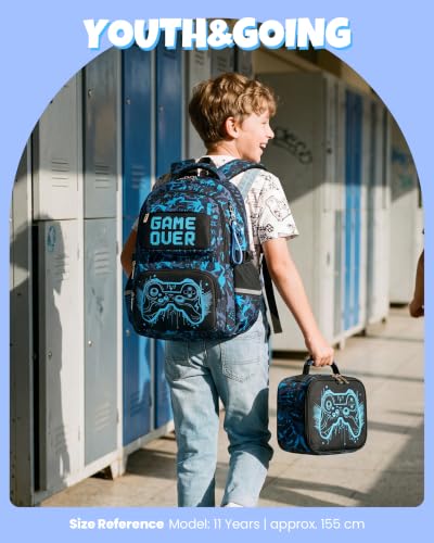 Amythe 3-Piece Luminous Backpack for Boys and Girls, Waterproof Durable School Bag, Children's School Bag with Lunch Bags and Large Capacity Pencil Case for Travel, Blue