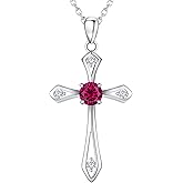 QUALISE Cross Necklace for Women,925 Sterling Silver Birthstone Necklace with Diamond Faith Religious Birthstone Jewelry Birthday Holiday Gifts for Her/Wife/Mom/Girlfriend