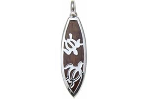Arthur's Jewelry Koa Wood Hawaiian Honu Sea Turtle Surfboard Rhodium Plated Brass Pendant