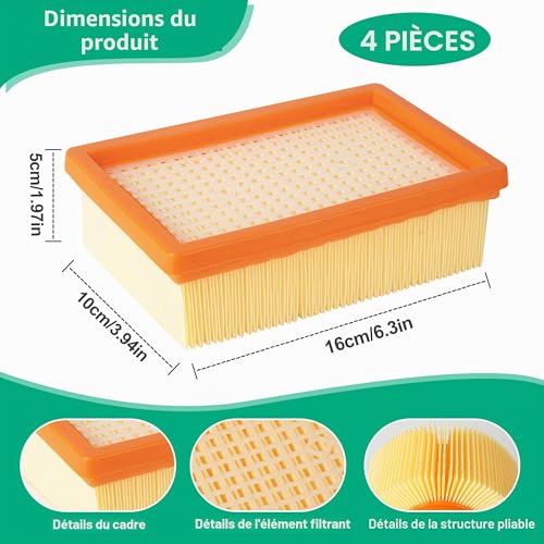YeeQo Karcher Vacuum Cleaner Filter Set of 4 Suitable for Karcher WD4 WD5 WD6 / MV4 MV5 MV6 Wet and Dry Vacuum Cleaner Flat Pleated Filter Compatible with Karcher 2.863-005.0 with Cleaning Brush