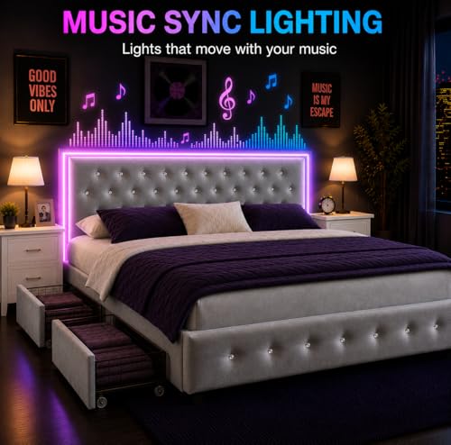 Queen Bed Frame with 4 Storage Drawers, LED Bed Frame with Remote Control Rhythm Sync Light, Adjustable Diamond Tufted Headboard, No Box Spring Needed, Velvet Grey