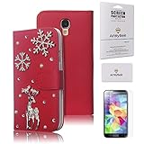 Samsung Galaxy S4 Christmas Wallet Case, Bling Rhinestone Leather Flip Wallet Snowflake Reindeer Design Case Cover For Samsung Galaxy S4 i9500 For Christmas & Winter(Does Not Fit Galaxy S4 Active Or Mini) (Red)